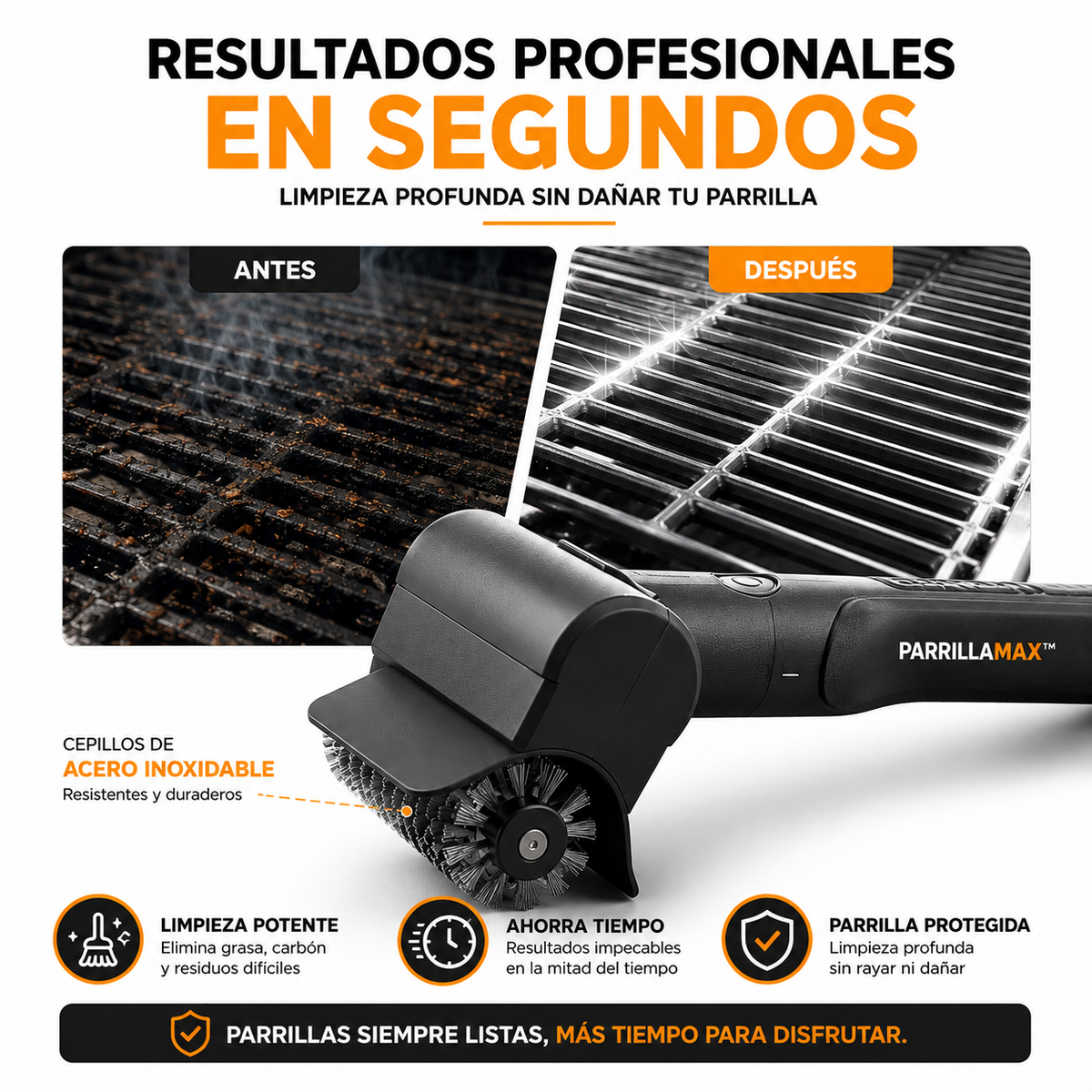 ParrillaMax™ El cepillo eléctrico que hace mucho más fácil limpiar tu parrilla.
