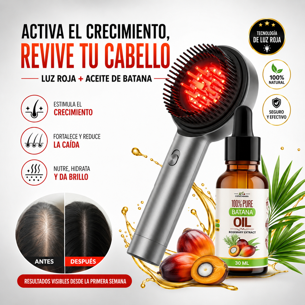 BrillHair™ | Cepillo Masajeador con Luz Roja + Aceite de Batana GRATIS