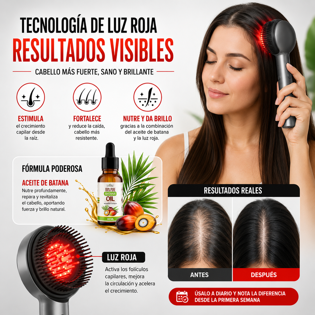 BrillHair™ | Cepillo Masajeador con Luz Roja + Aceite de Batana GRATIS