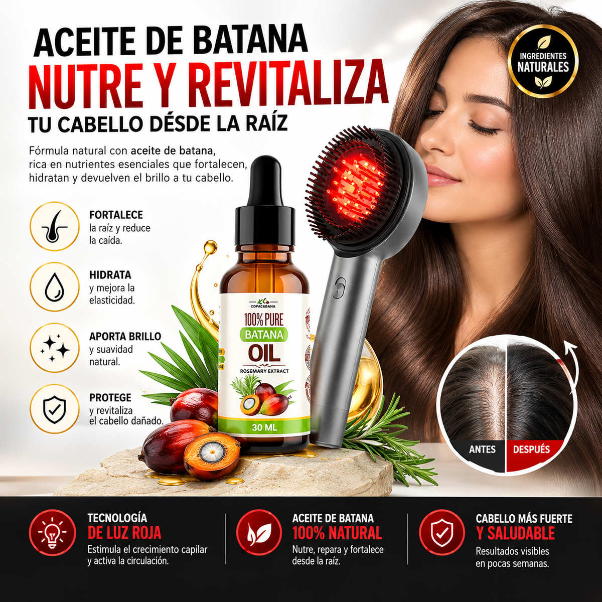 BrillHair™ | Cepillo Masajeador con Luz Roja + Aceite de Batana GRATIS