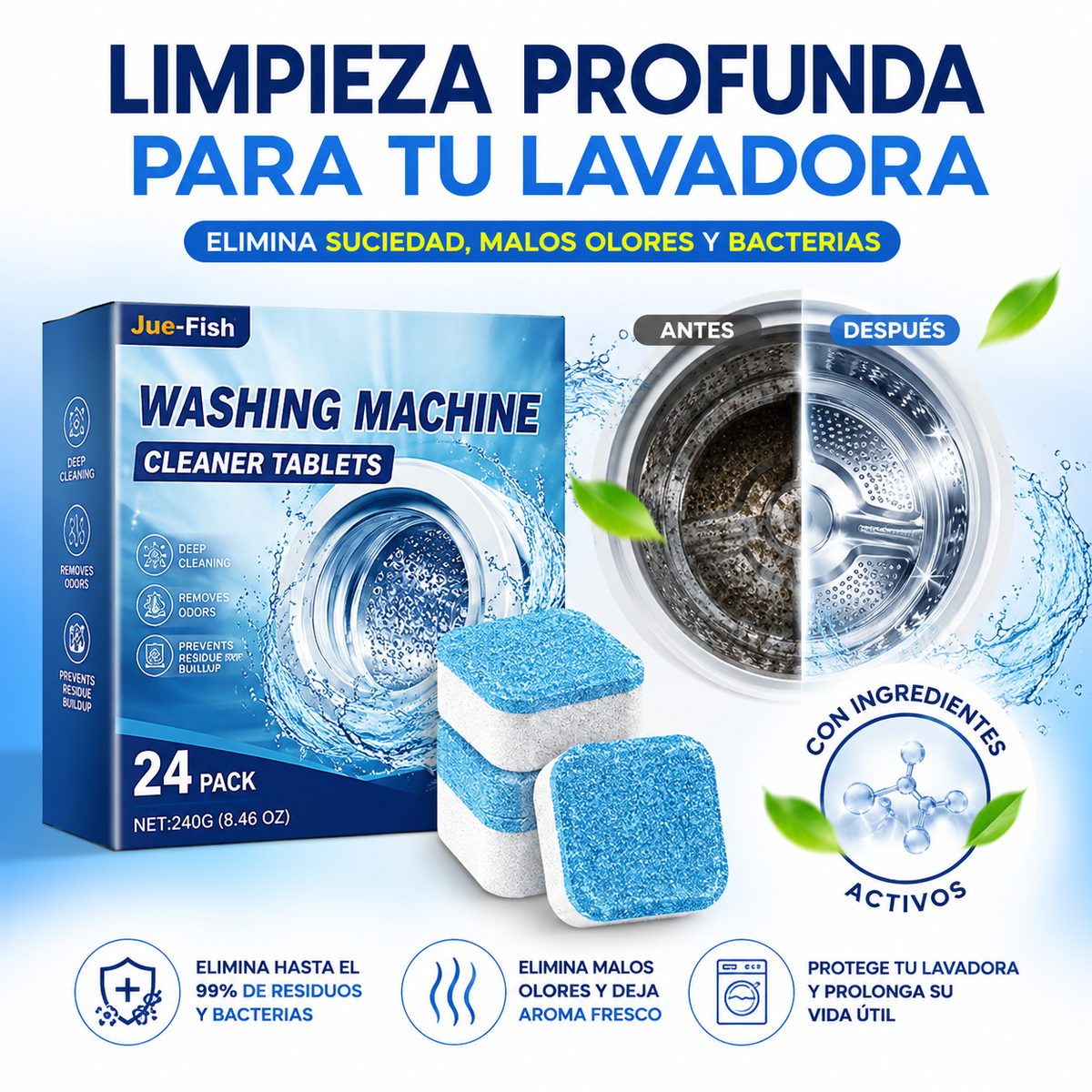 Pack 24 Pastillas Limpia Lavadora | Limpieza Profunda y Eliminación de Malos Olores