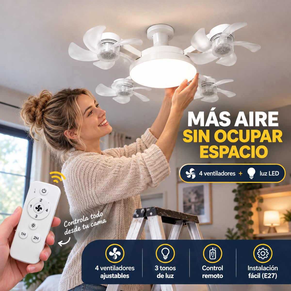 Ventilador 4 en 1 + Luz LED con control remoto